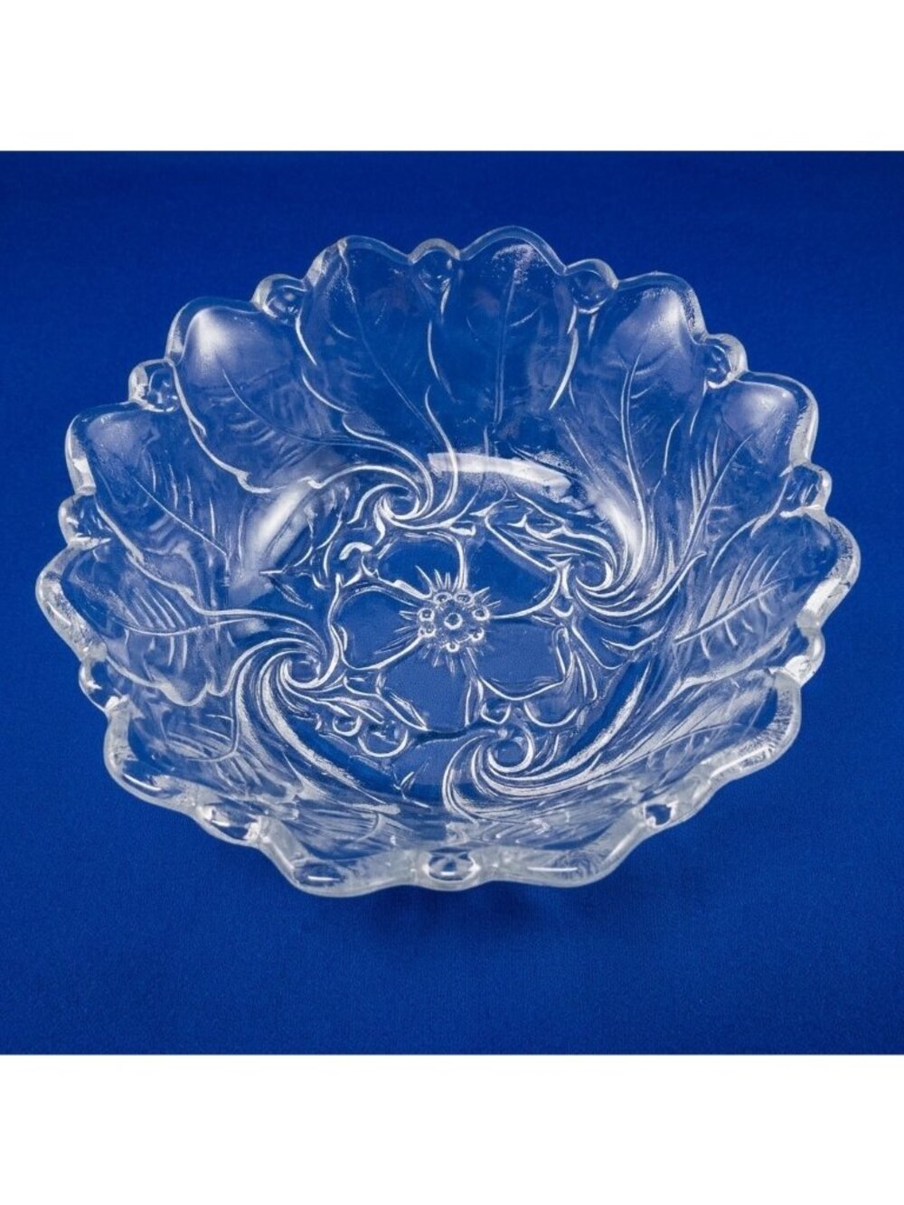 Vintage Indiana Glass Clear Bowl Scalloped Edge Embossed Dogwood Flower Swirls